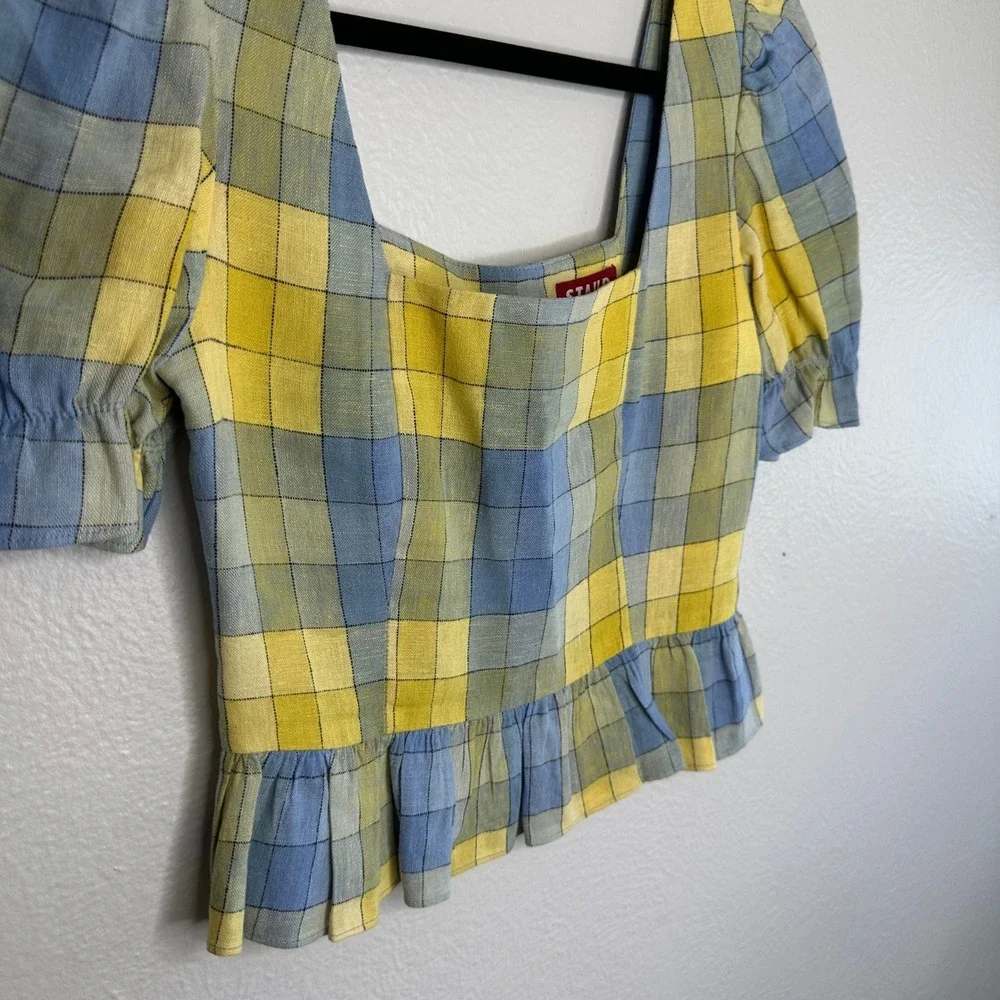 STAUD Dock Top in Coastal Blue Check Size 0 NWOT Plaid Peplum‎ Top Linen Blend